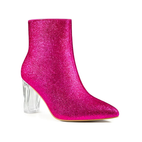 Perphy Clear Block Heel Sparkly Glitter Ankle Boots for Women Hot Pink (Size 6.5)