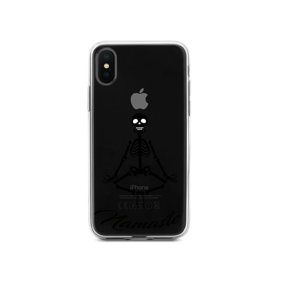DistinctInk Clear Shockproof Hybrid Case for iPhone XR (6.1" Screen) - TPU Bumper, Acrylic Back, Tempered Glass Screen Protector - Namaste Yoga Skeleton