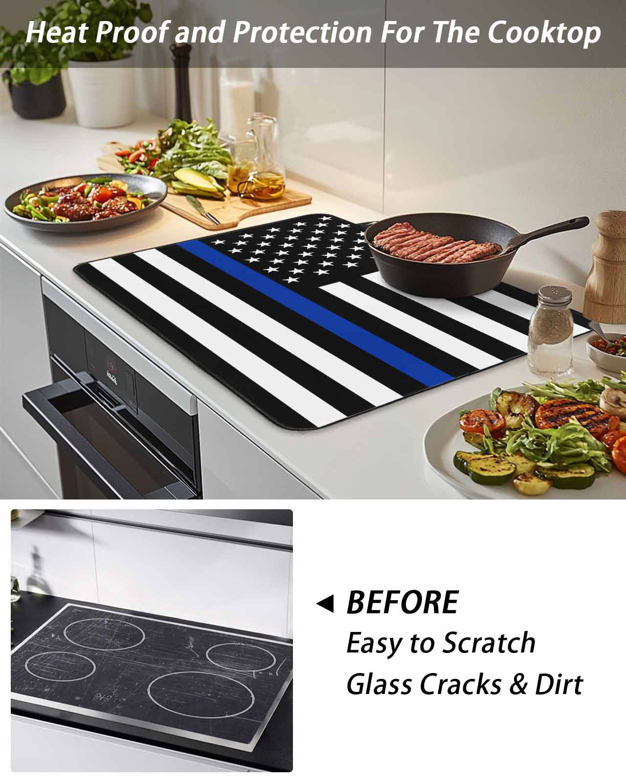 Stove Top Covers for Electric Stove, Blue American Flag Glass Stovetop Cover Protector, Black White Striped US Flag Stars Induction Cooktop Protector Oven Mat for Kitchen Countertop 24"x21"