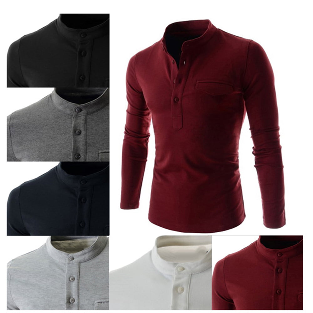 Fllay Men Casual Stand Collar Long Sleeve Solid Color Buttons Shirts 