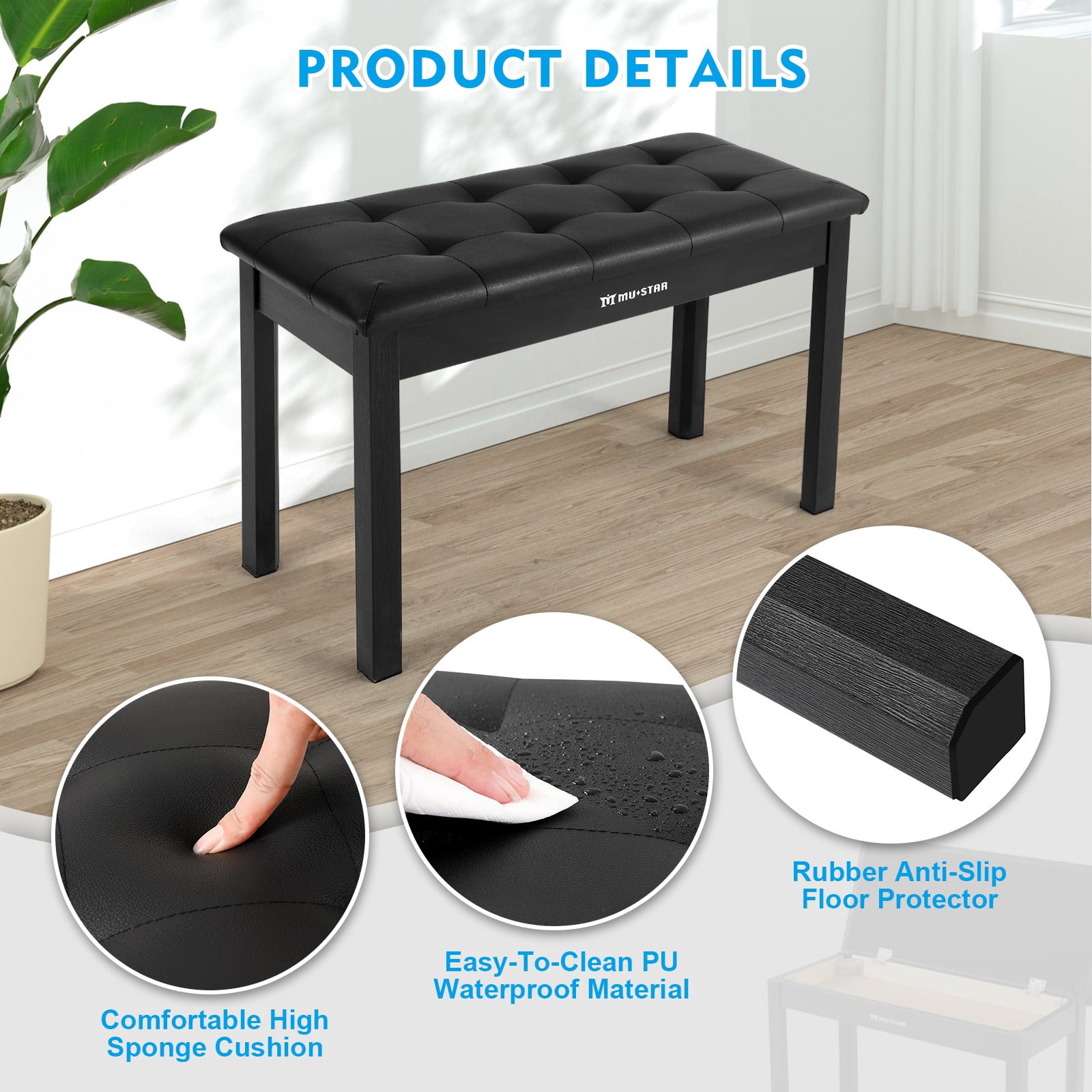 Mustar Duet Piano Bench Wood Stool with Storage, Padded Cushion for Keyboard Piano