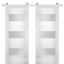 Modern Double Barn Door with Opaque Glass / Sete 6003 White Silk / Stainless Steel 13FT Rail Track Set / Solid Panel Interior Doors
