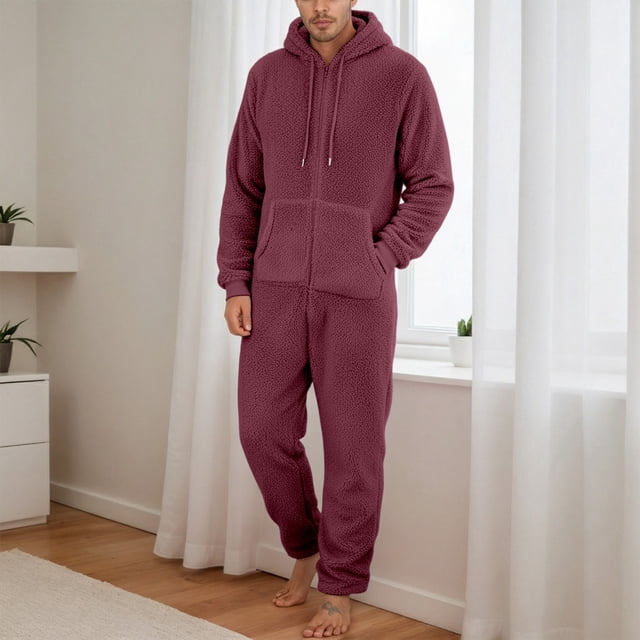 Timegard Mens Rompers Plus Size Winter Drawstring Hoodies Homewear Zip up Warm Comfy Jumpsuit with Pockets