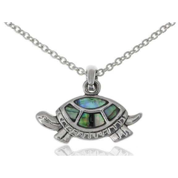 Turtle Pendant Small Cute Silvery Tone Faux Abalone Shell Fashion Necklace