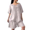 thumbnail image 2 of Two Piece Sets For Women Summer Linen Casual Outfit Plus Size Loose Fit Short Sleeve Shirts & Wide Leg Shorts Sets,Beige,M, 2 of 7
