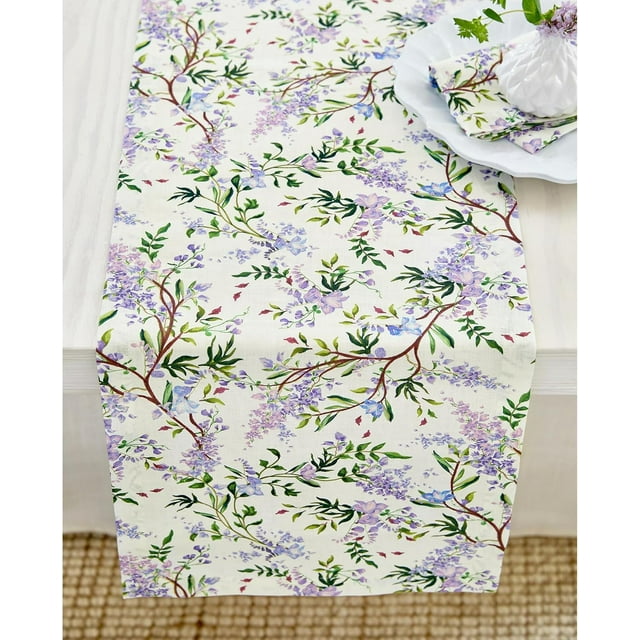 Solino Chemin de Table Floral Lilas 60 Pouces - 100 % Lin Pur 14 x 60 Pouces pour l'Été - Fait Main et Lavable en Machine - Lilas/imprimé Blanc Cassé