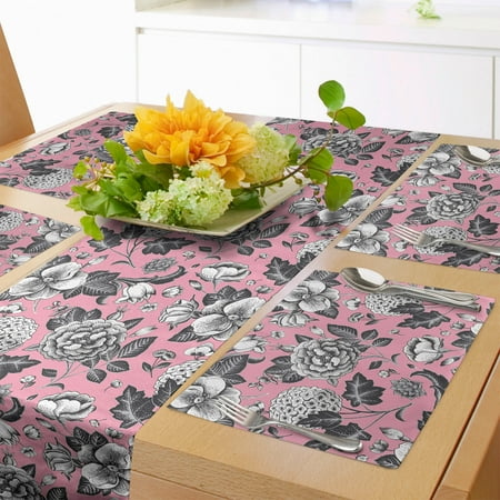

Floral Table Runner & Placemats Vintage Big Garden Flowers with Leaves Tulips Buds Art Sketchy Image Set for Dining Table Decor Placemat 4 pcs + Runner 16 x72 Coral Black and White by Ambesonne