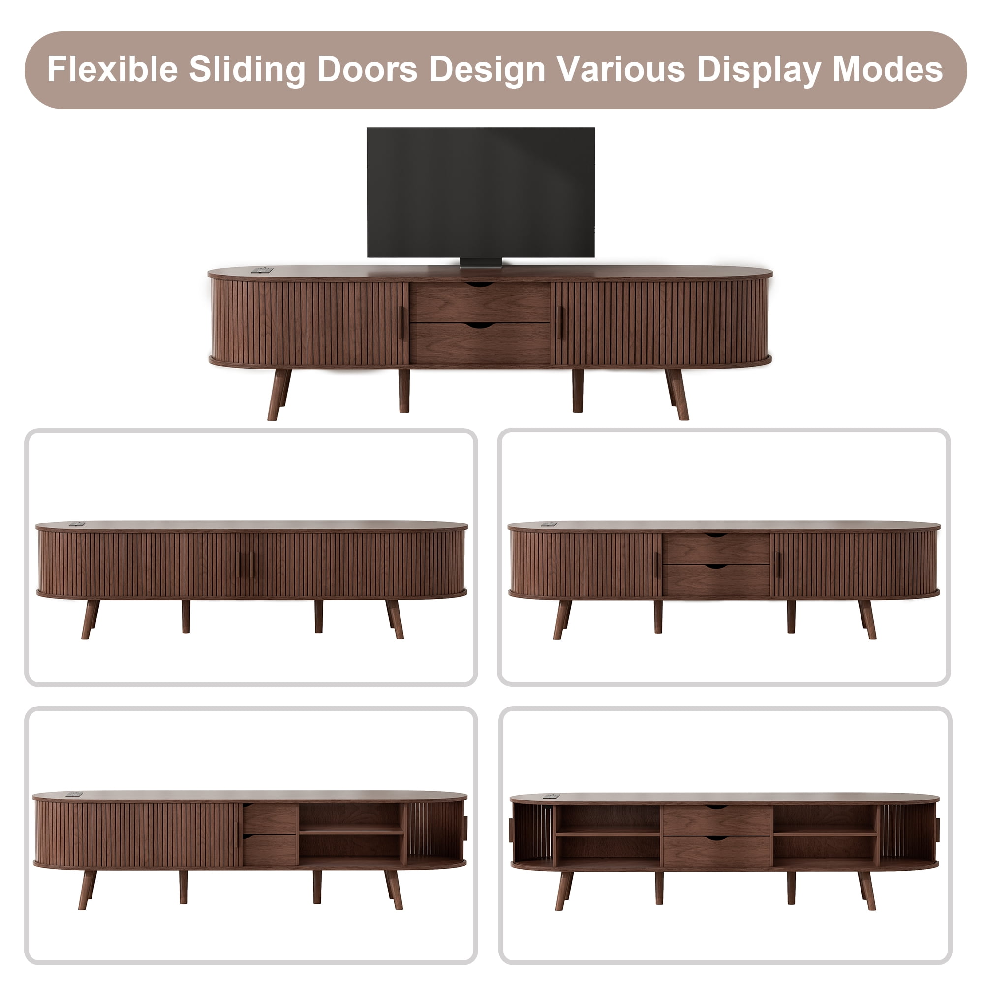 69" TV Stand with Charging Station and Drawers fit 65"- 75" TVs. Mid century Modern TV Stand, Wood Entertainment Center for Living Room and Bedroom, Media Console and Modern TV Console Table ,Walnut