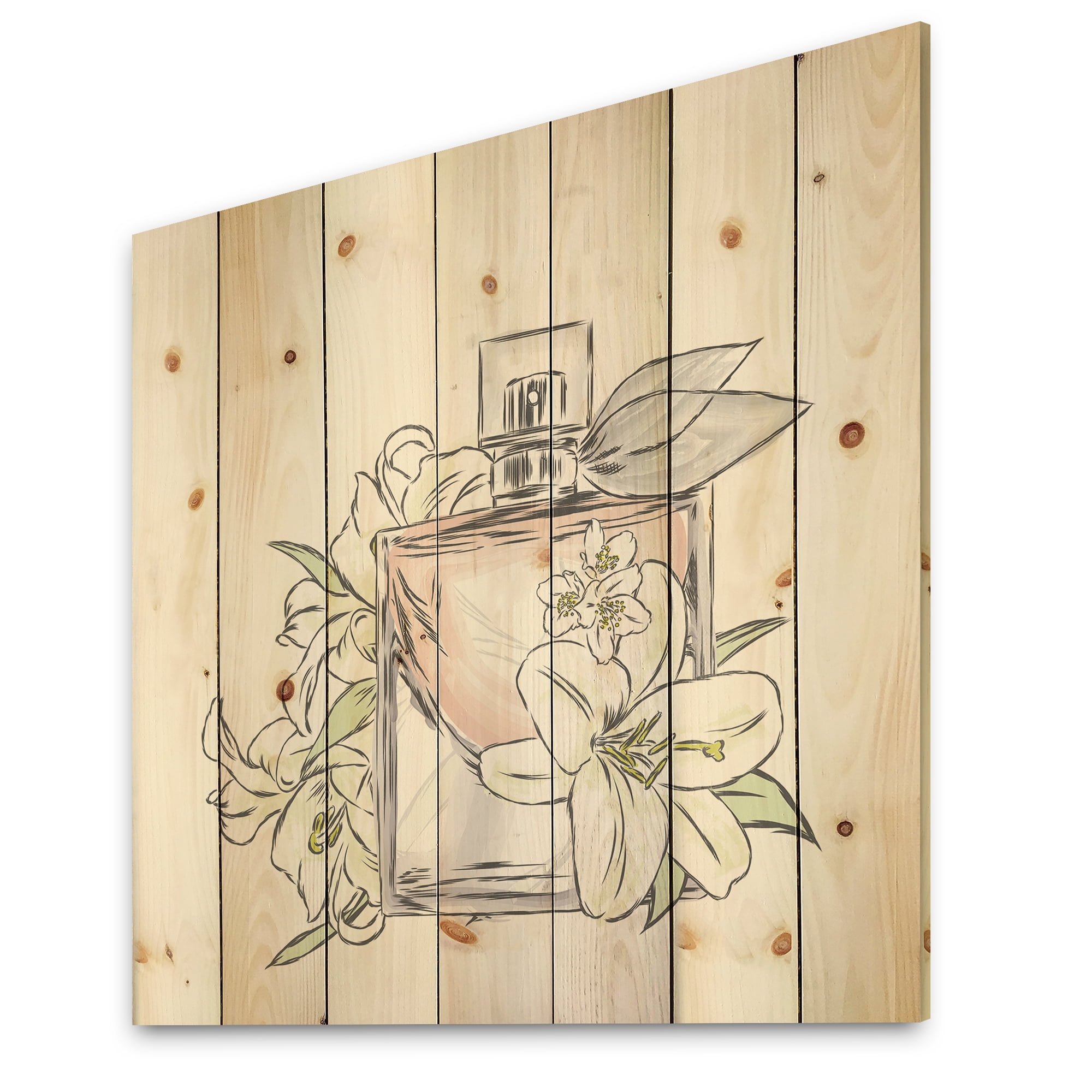 Designart 'Bouquet of Flowers and Perfume Bottle II' Traditional Print on Natural Pine Wood