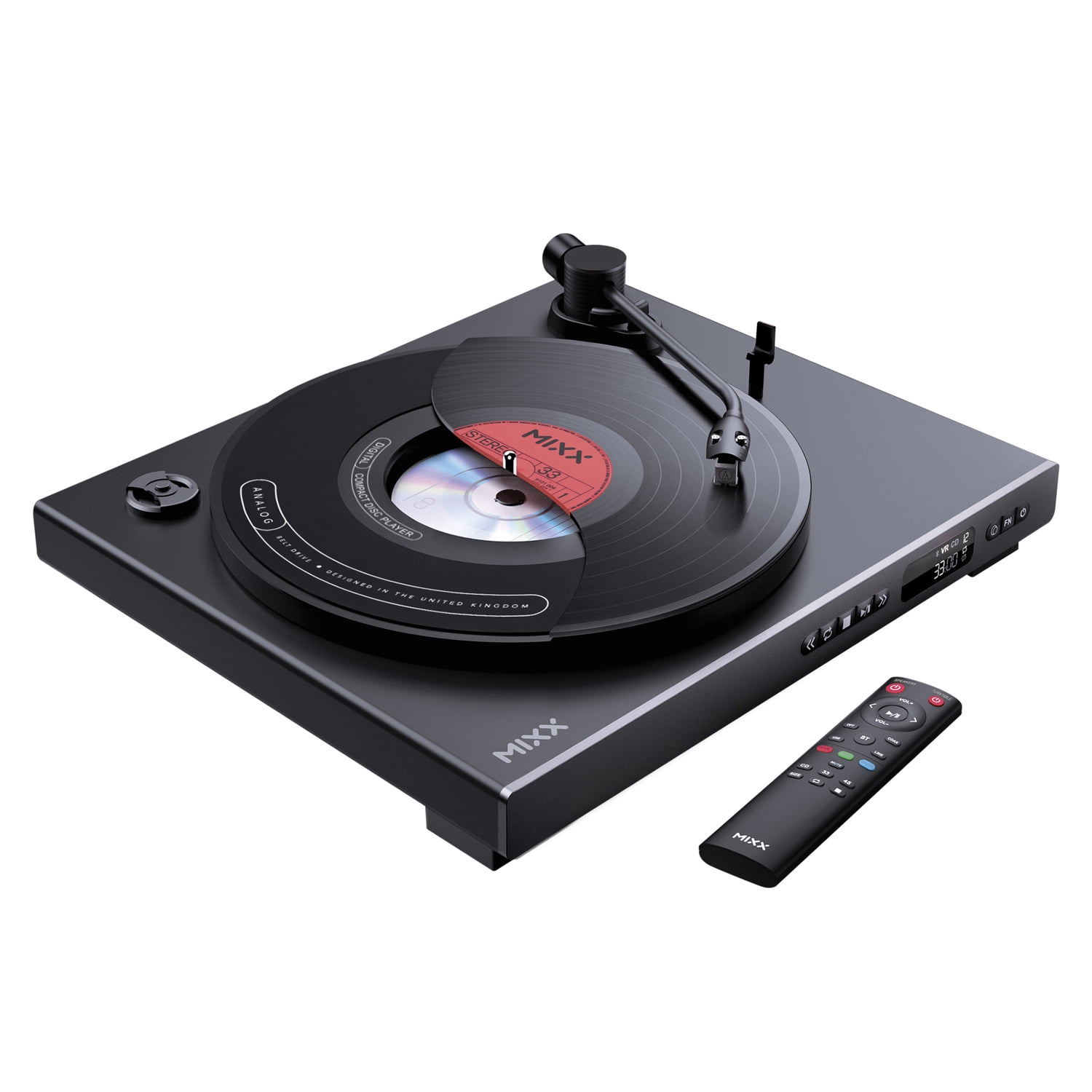 Mixx Analog Plus 2-in-1 Vinyl Record/CD Player with 2-Speed Belt-Drive Fully Automatic Turntable, Bluetooth/Aux Out, Track Display, Remote, Black