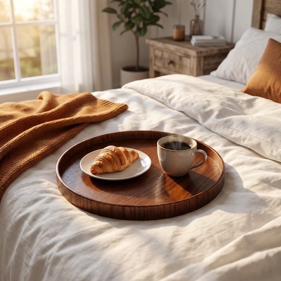 Ottoman Tray – Solid Black Walnut Round Wood Serving Platter, Decorative Table Organizer for Breakfast in Bed, Tea & Coffee