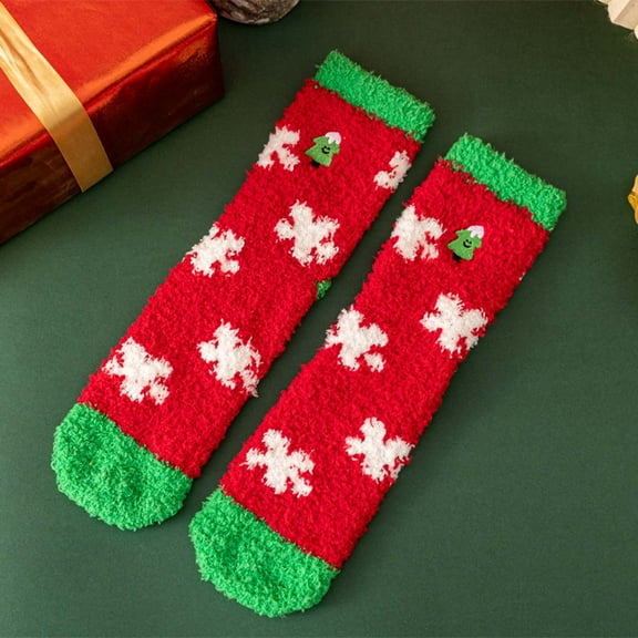 workcargo Red Unisex Christmas Socks - Plush Fuzzy Snowflake & Christmas Tree Pattern, Soft Stretchy Warm Cozy Holiday Socks (1 Pair, Free Size),Size Free Size