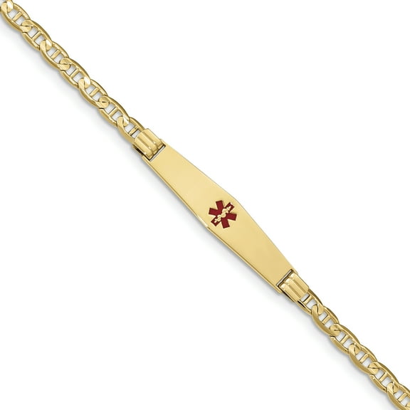 14K Yellow Gold Medical Soft Diamond Shape Red Enamel Anchor Link ID Bracelet
