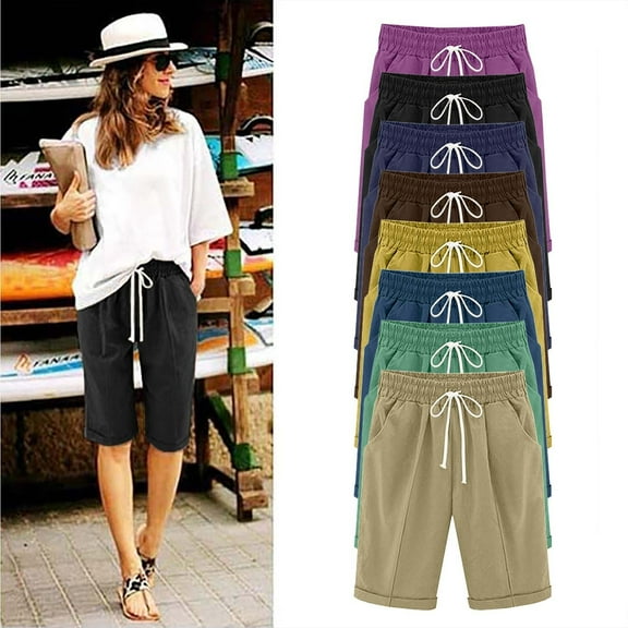 Simua Women's Cotton Linen Bermuda Shorts Solid Color Straight Leg Darwstring Elastic Waist Five Part Shorts