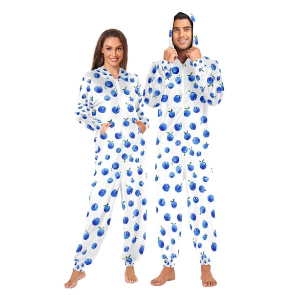 Adult Onesie Blueberry Zipper One-Piece Pajamas Unisex with Pockets