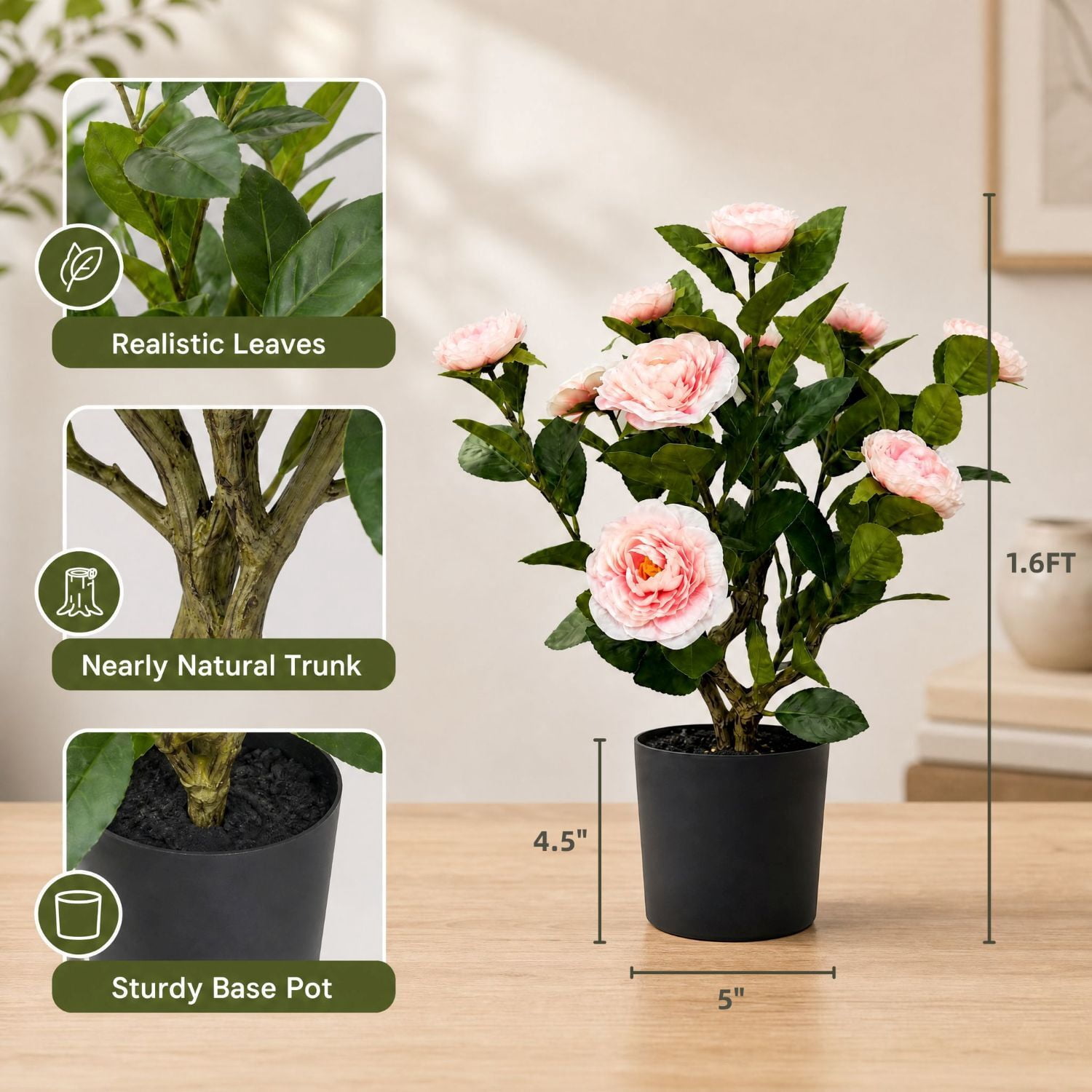 Easy4Home 1.6FT Artificial Flower Plant Fake Camellia Tree Potted Indoor, Pink