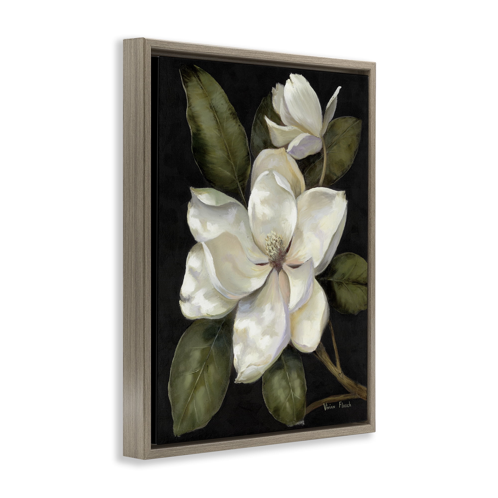 Stupell Industries Blooming Magnolia Buds Brown Framed Floater Canvas Wall Art, design by Nan