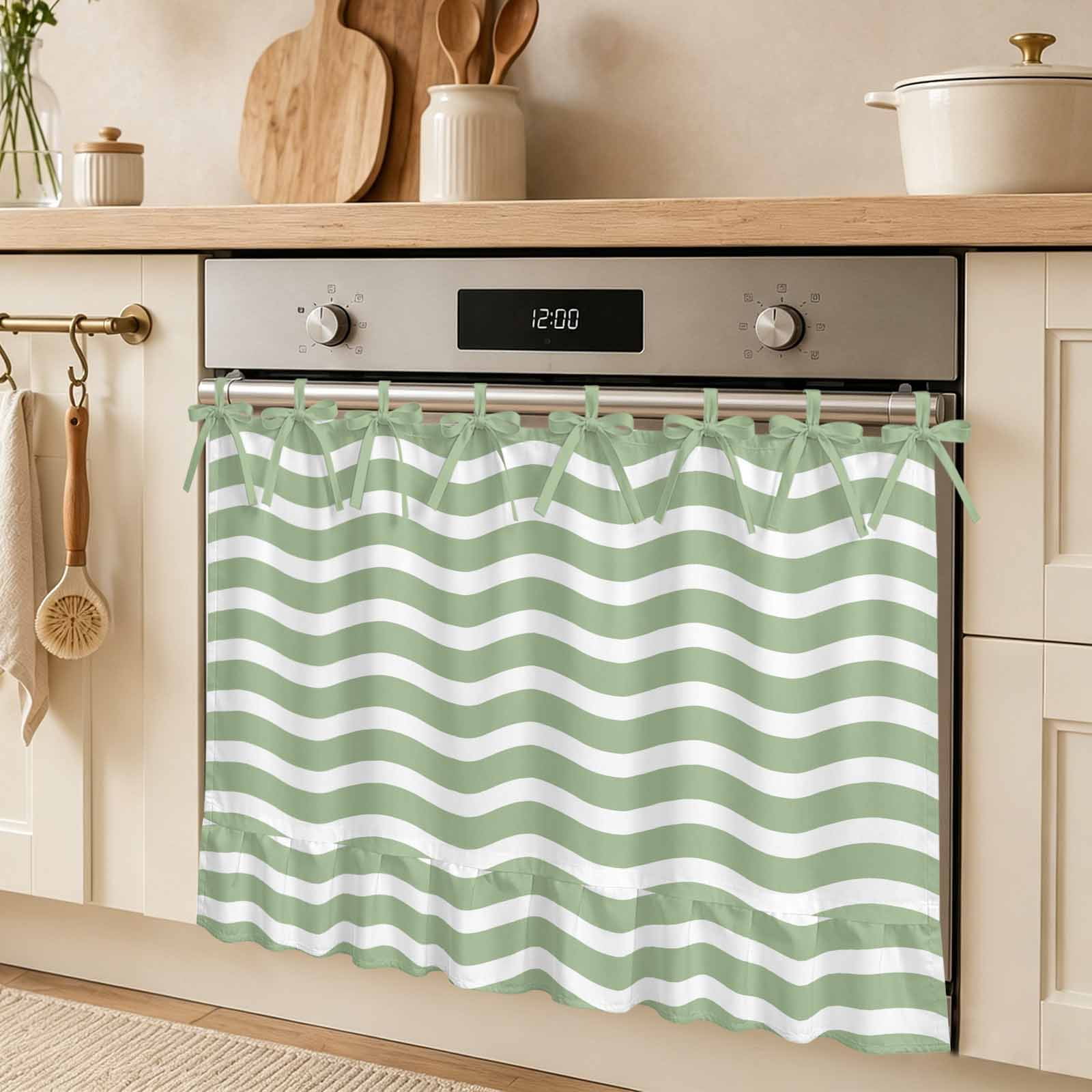Abstract Waves Oven Skirt Curtain Stripes Sage Green Water Ripple Tie Top Tier Curtains Stove Dishwasher Skirt Small Window Drapes for Kitchen Bathroom Cafe 32 x24