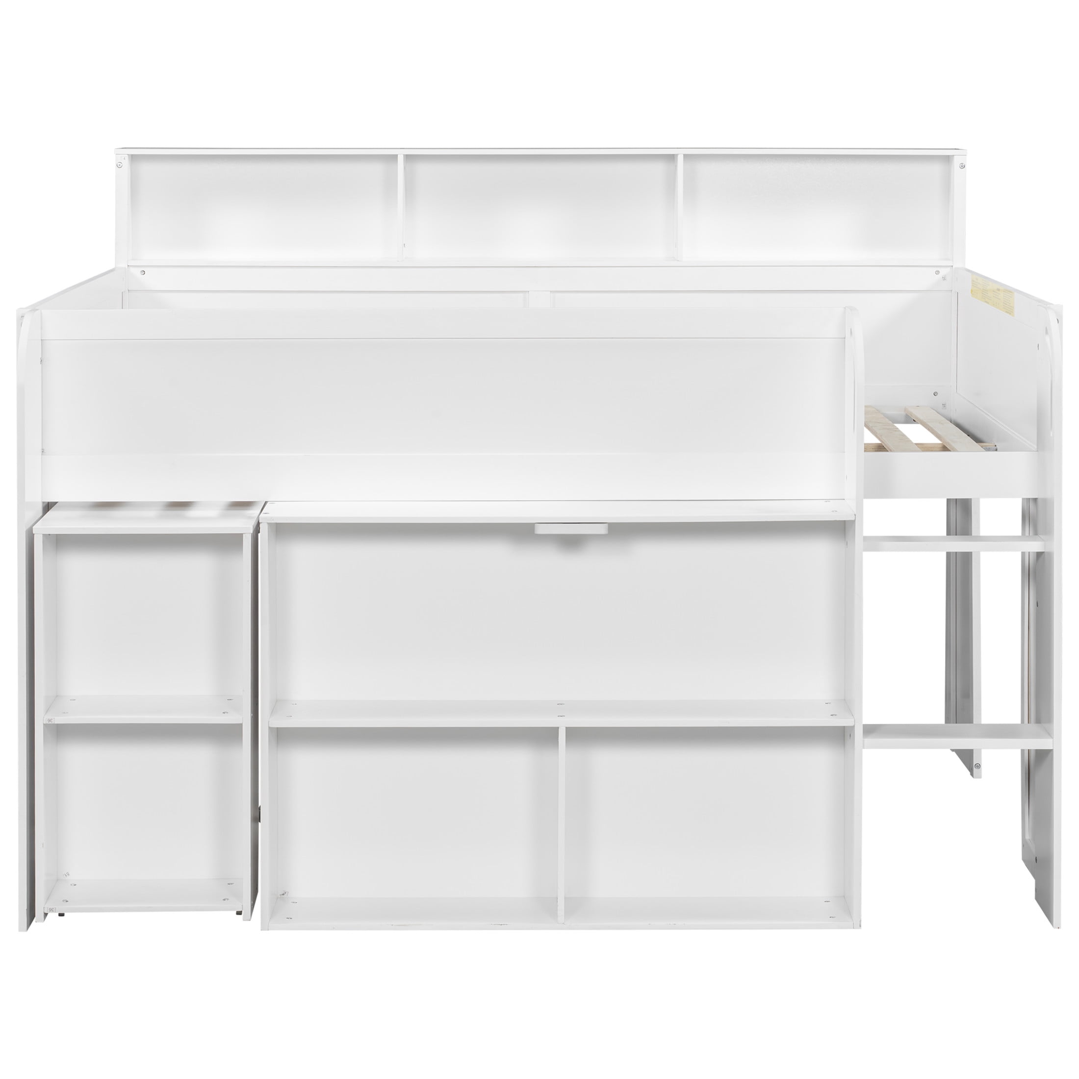 Noble House Nerwin Full Size Solid Wood Loft Bed with Built-in Desk, Storage Shelves and LED Lighting, White