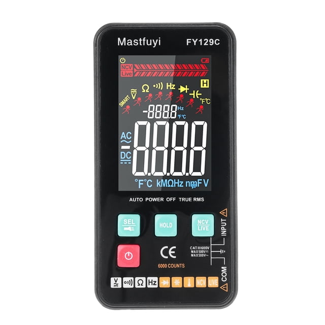 MASTFUYI FY129C Smart Digital Multimeter with Bracket Compact Intelligent Electrical Tester 5999 Counts Backlit LCD Measure AC/DC Voltage Resistance Frequency Continuity Live Wire Checking NCV Diode