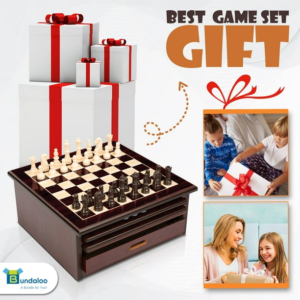 IGlobalmarket Set De Juegos De Mesa En Madera – Incluye Mikado, Ajedrez, Damas Y Dominó En Estuche Portátil Con Tapa-Tablero, Ideal Para Viajes Y Familia