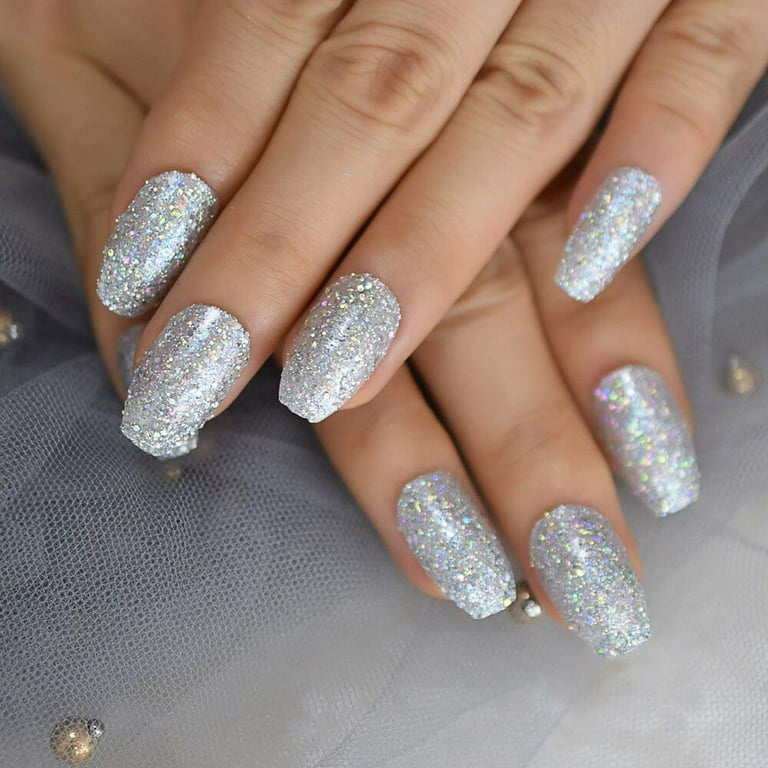 Holo Laser Silver Glitter Coffin False Pre Designs Colorful Shiny Ballerina Nail Flat Manicure Nails Tips 24pcs/set