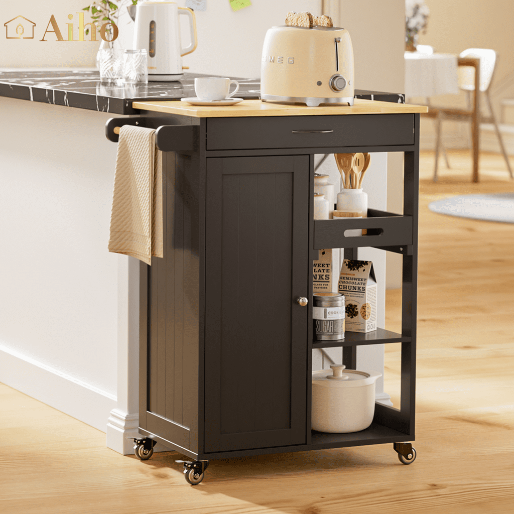 Aiho Kitchen Island Cart on Wheels with Towel Bar and Hooks, Rolling Mobile Serving Utility Cart with Drawer and Adjustable Shelves, Black