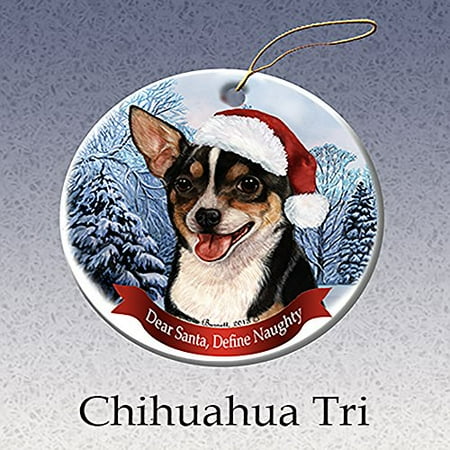 Chihuahua Santa - Holiday Pet Gifts Tri-Color Chihuahua Santa Hat Dog Porcelain Christmas Tree Ornament