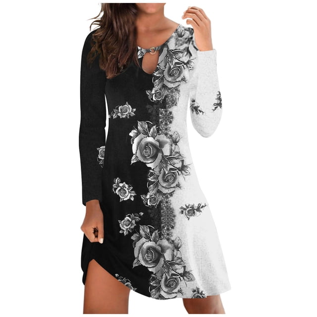 FcBaudy Longues Robe à Manches à Col Rond Robe à Manches Longues pour Femmes avec Col Rond Robe Courte à Imprimé Ajouré Robe pour Femmes
