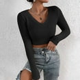 thumbnail image 2 of Womens Cropped Knitted Tops V Neck Long Sleeve Hollow Out Sweater Tops Solid Color Fitted Henley Shirts Blouse, 2 of 7