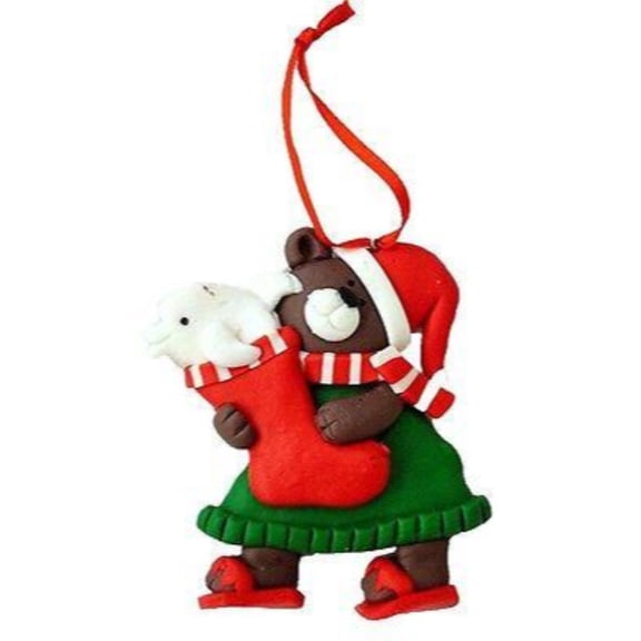 Bear with Stocking Christmas Ornament, Claydough 3.25 Inches