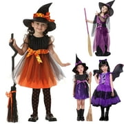 3-13Y Child Girls Evil Witch Halloween Costume Lace Fancy Dress with Witches Hat