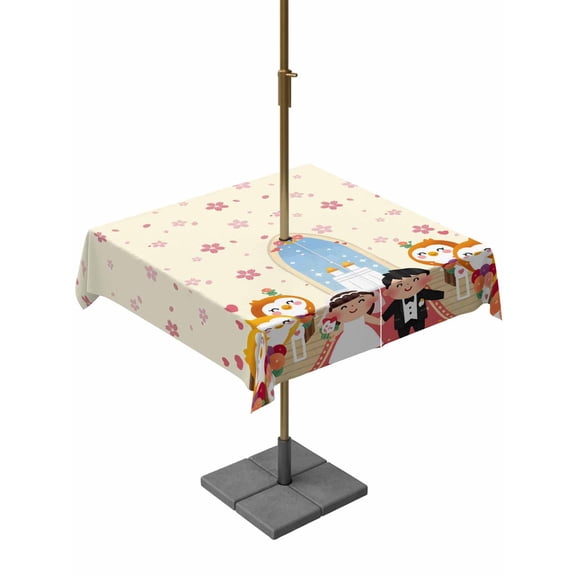 Outdoor Tablecloths with Umbrella Hole & Zipper, Japanese Wedding 60x60 Inch Square Tablecloths, Cute Owls Cherry Blossoms Beige Waterproof Table Cloth, Patio/Pool/Picnic Table Covers