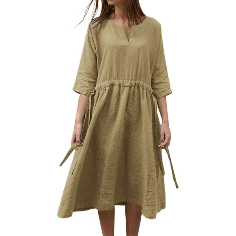 Capreze Women Midi Dresses Half Sleeve Summer Beach Sundress V Neck Long  Dress Hawaiian Solid Color Khaki M - Walmart.com