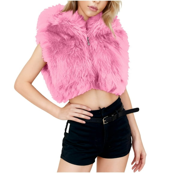 Gpaecead Women's Short Faux Fur Jacket - Plush Pile Long Sleeve Cropped Coat Pink