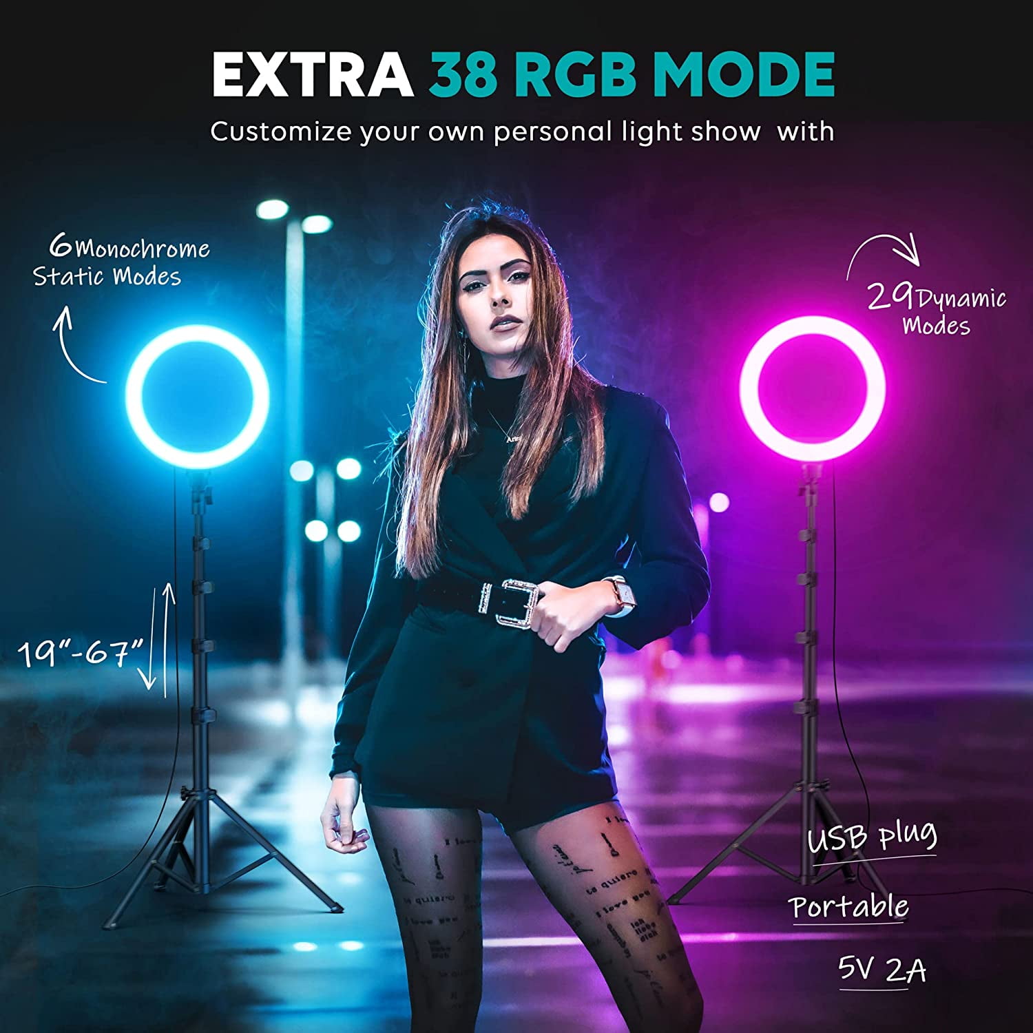 10" Light with Stand 72'' Tall & Phone Holder,38 Color Modes Selfie Light with Tripod Stand,Stepless Dimmable/Speed LED Light for iPhone & Android,YouTube, Makeup,TIK Tok