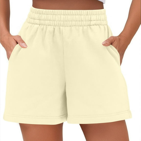 Lodgix Womens Sweat Shorts Casual Summer Drawstring Comfy Elastic High Waist Running Clothes with Pockets Beige XXL