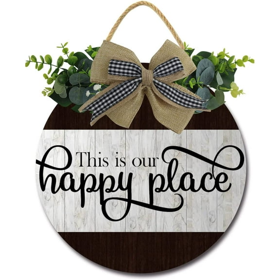 Eveokoki 12" This is Our Happy Place Signs for Front Door Farmhouse Porch Rustic Round Wooden Hanging Wreaths for Housewarming Gift Christmas Festival Decoration Outdoor Indoor Wall Decor