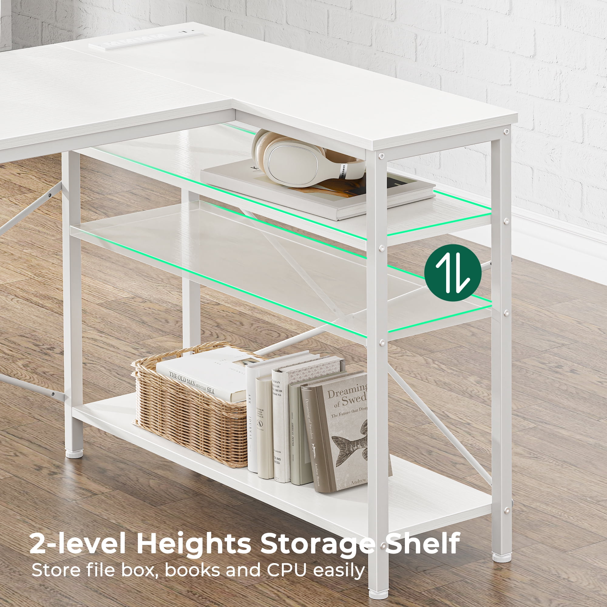 47 Inch L Shaped Office Desk with Power Outlets, Computer Desk with Drawers, Corner Desk for Home Office