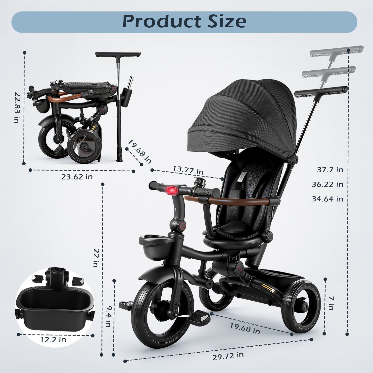 JoyStone 7 in 1 Foldable Tricycle Stroller for Toddler, Baby Tricycle with Adjustable Canopy, Parent Handle, Removable Pedals, Seat Belt and Storage Basket, Kids Bike for Ages 1-6 Boys & Girls, Black