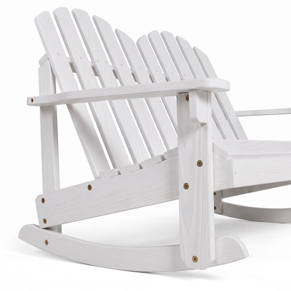 Furnibear 2 Person Wood Adirondack Rocking Chair with Slatted Seat and Wide Armrests for Outdoor Backyard Porch and Yard, White