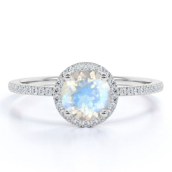 JeenMata 1.75 Carat Round Faceted Blue Moonstone and Moissanite Halo Engagement Ring in 18k White Gold over Silver