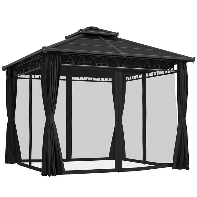 Outsunny Pavillon à Toit Rigide à Double Toit 9 Pieds x 10 Pieds avec Moustiquaires et Rideaux en Noir, Doté d'Un Cadre durable en Aluminium et Métal avec un Toit Translucide en polycarbonate. le Pavillon Comprend une Moustiquaire pour Empêcher les Insectes d'Entrer et des Rideaux en polyester pour l'Intimité. Sa Conception à Toit à Double Évent Améliore la circulation de l'Air, et la structure Est Sécurisée avec des Piquets et des Vis Inclus. Convient aux Rassemblements Extérieurs, Offrant de l'Ombre et une protection contre le Soleil, la Pluie et le Vent