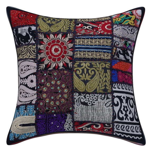Stylo Culture Indian Cotton Decorative Throw Pillow Sham Cover Black 16 x 16 Bohemian Vintage Patchwork Indian Couch Cushion Cover 40x40 cm Home Decor Abstract Square Pillowcase | 1 Pc