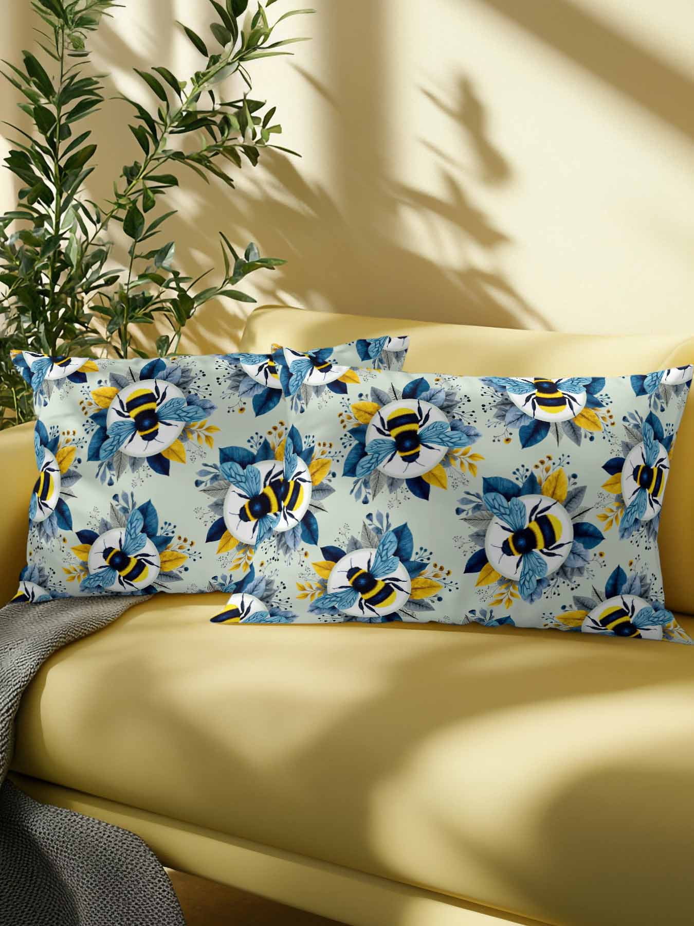 1 Pack Outdoor Throw Pillow, Teal Green Bees Farmhouse Waterproof Pillow with Insert Included, Spring Summer Botanical Flowers Decorative Accent Cushion Lumbar Pillows for Patio Porch, 12 x 20 In