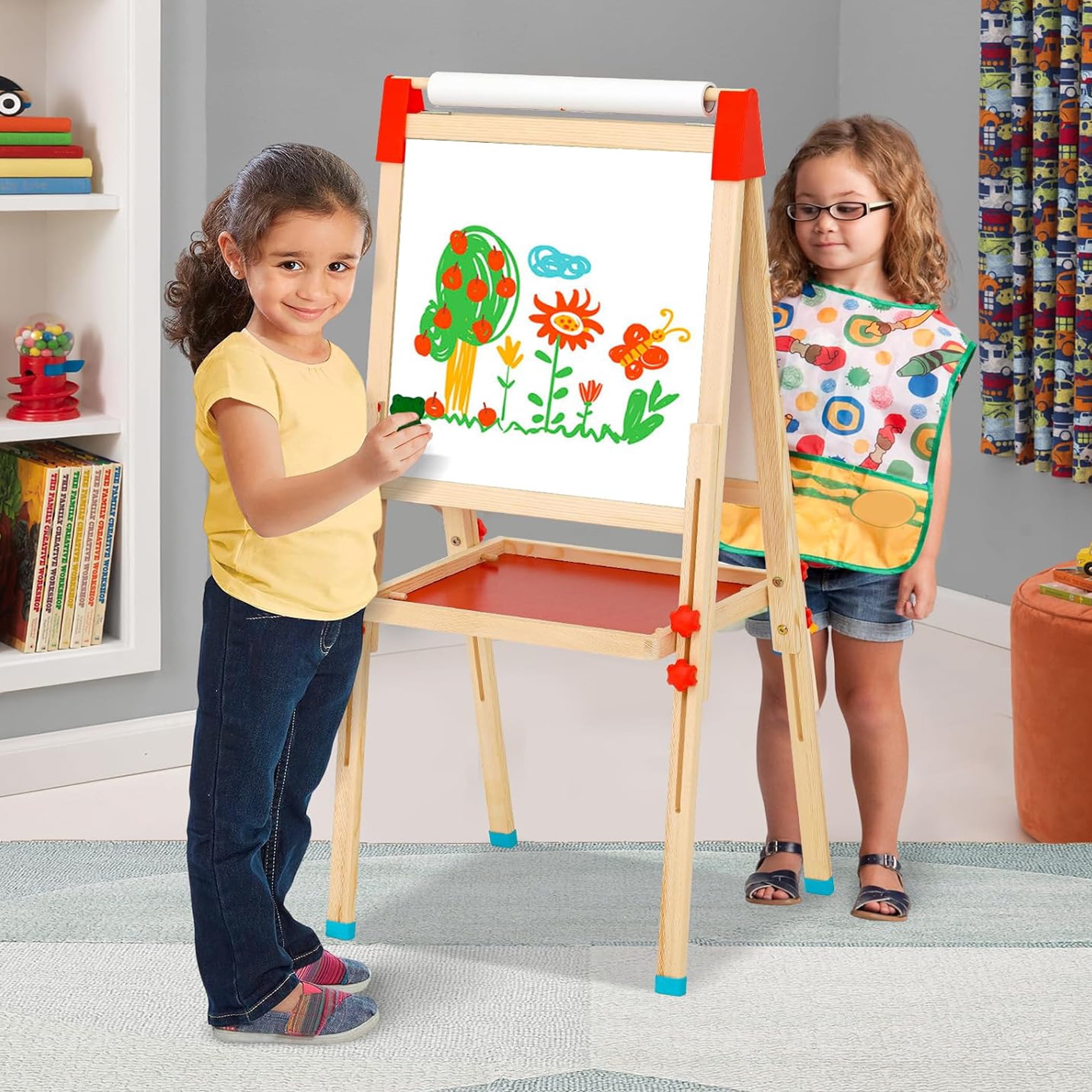 Ealing Kids Easel with Paper Roll,Double-Sided Adjustable Wooden Standing Easel for Toddler Ages 3+Boys, Girls