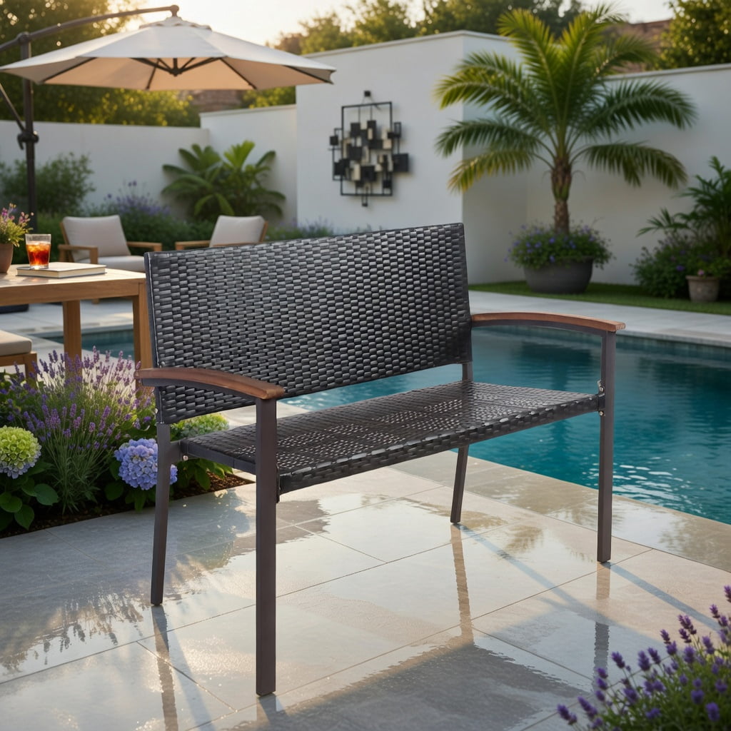 Hommoo Outdoor Wicker Patio Bench with Acacia Wood Armrests, 45" Steel Frame, Weather-Resistant PE Rattan, for Garden, Porch & Indoor Use, Black