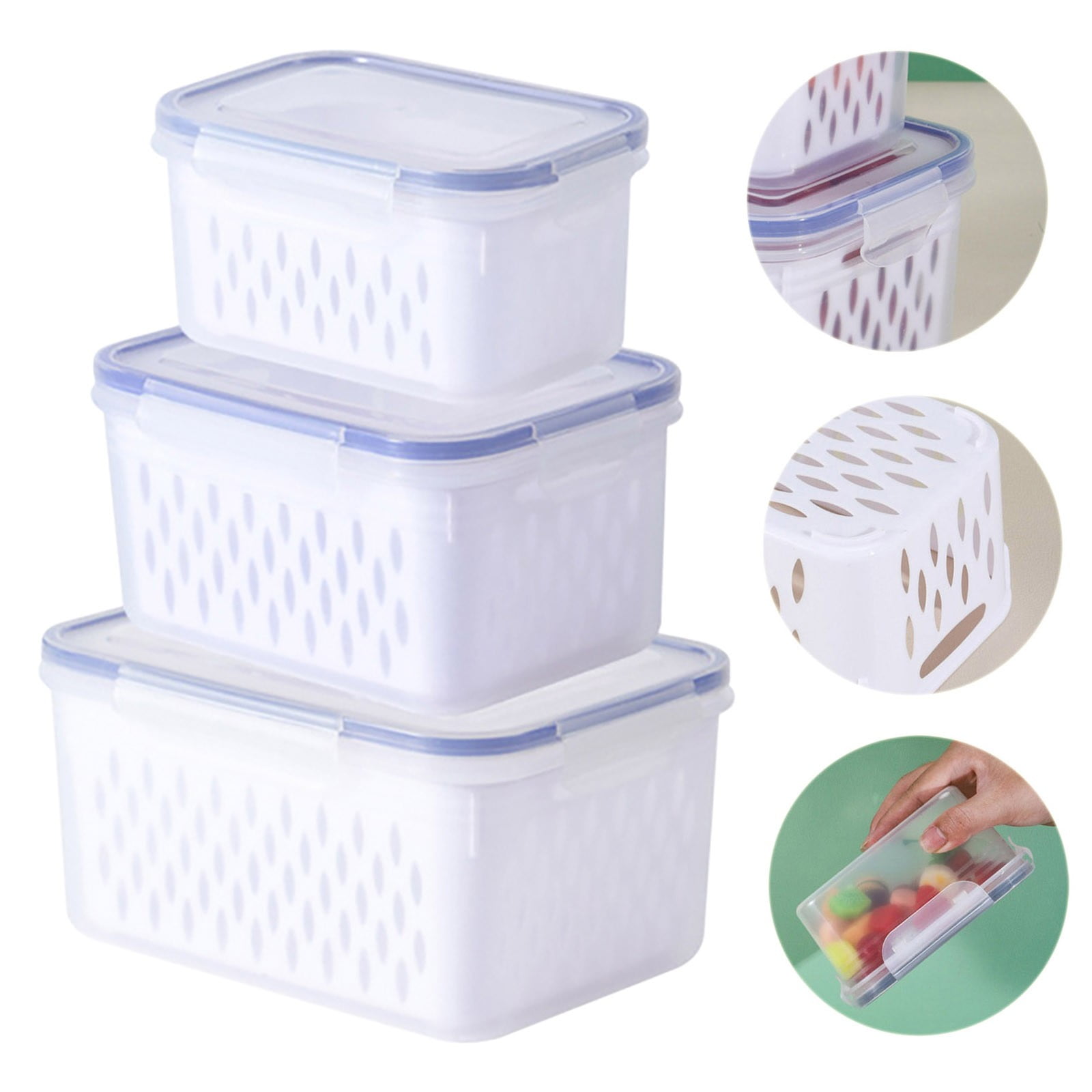 3 PCS Large Fruit Containers for Fridge - Leakproof Food Storage Containers with Removable Colander - Dishwasher & microwave safe Produce Containers Keep Fruits, Vegetables, Berry, Meat Fresh longer