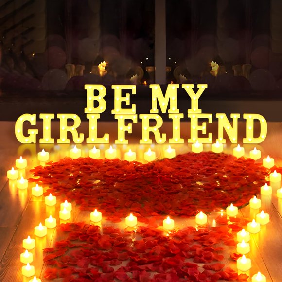 2038 Pcs Be My Girlfriend Light Up Letters Proposal Decorations, Be My Girlfriend Sign with 24 Pcs Heart Flameless Candles 2000 P