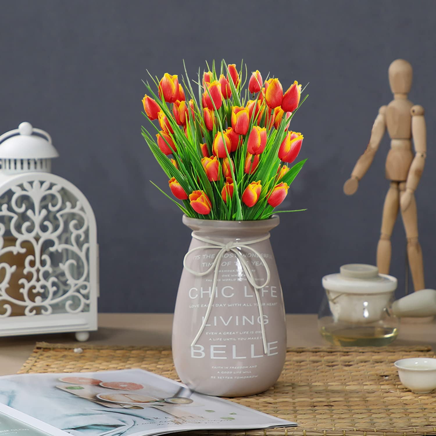 Outdoor Artificial Tulips Fake Flowers UV Resistant Faux Plastic Greenery Shrubs Plants for Home Outside Garden Porch Window Farmhouse Decor (Orange)